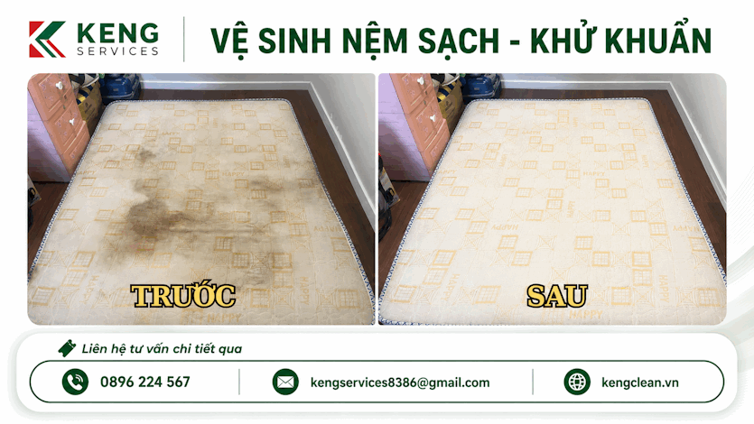 So sánh nệm bẩn trước và sau khi vệ sinh khử khuẩn của Keng Services